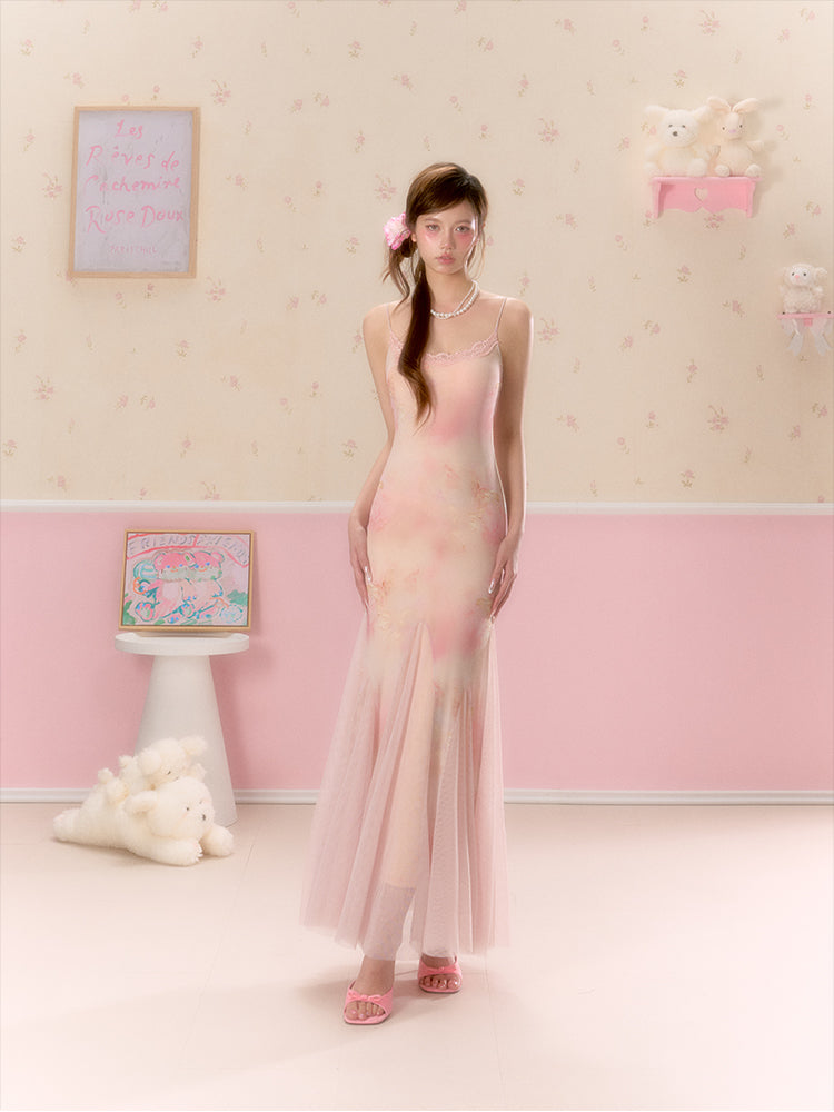 Butterfly Print Tulle-Hem Cami Dress