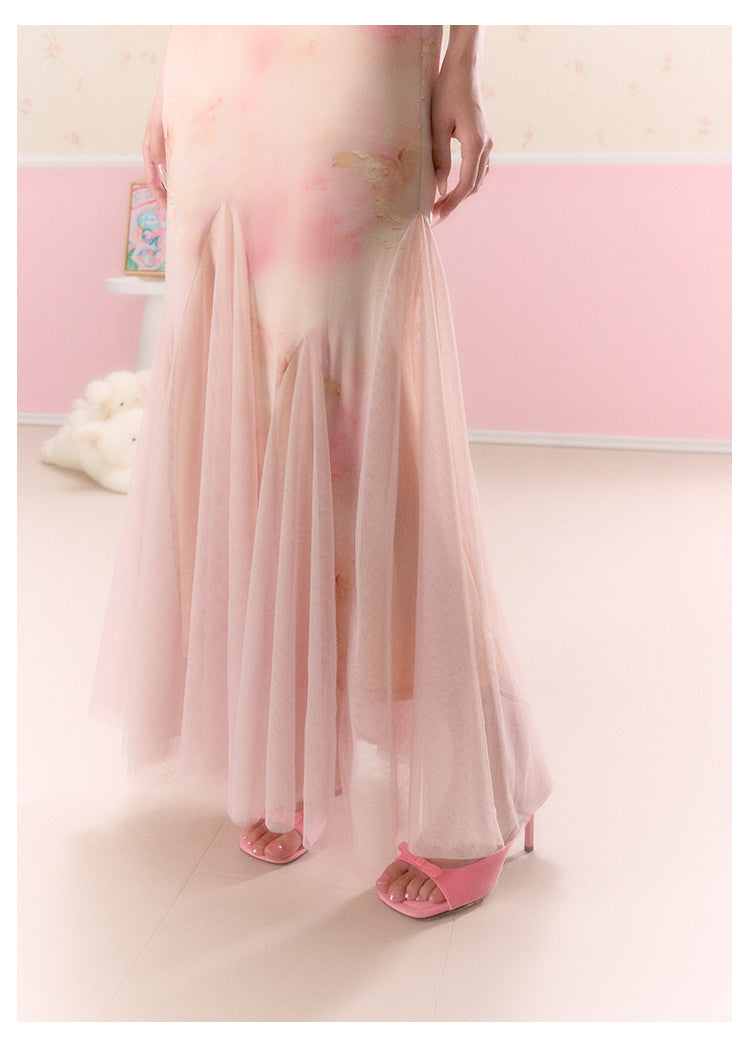 Butterfly Print Tulle-Hem Cami Dress