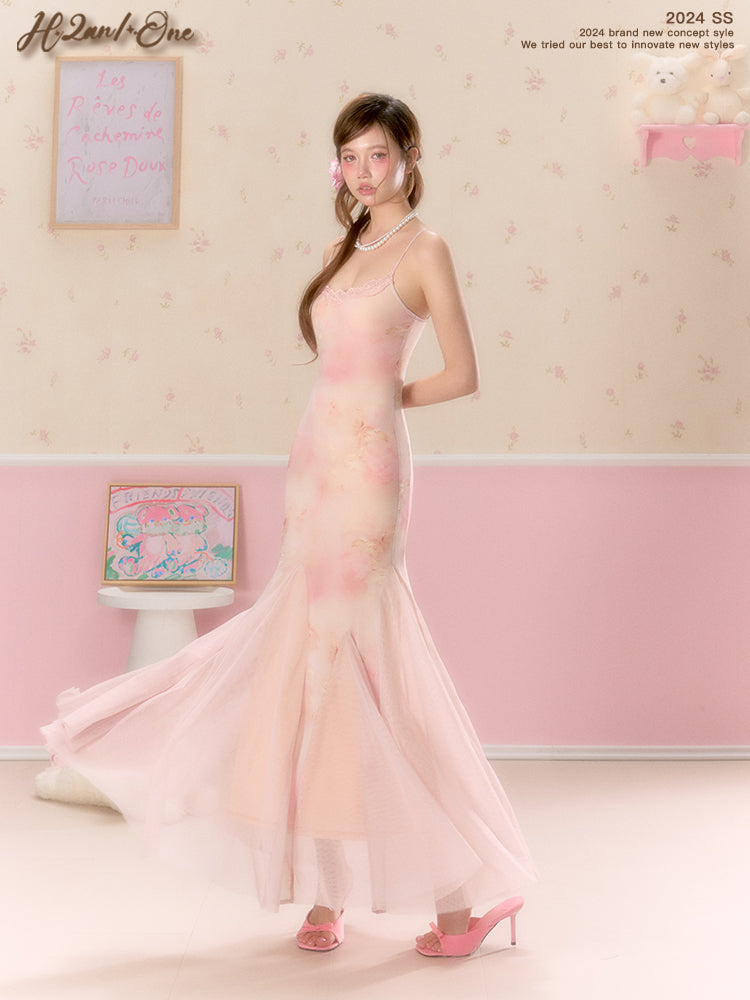 Butterfly Print Tulle-Hem Cami Dress