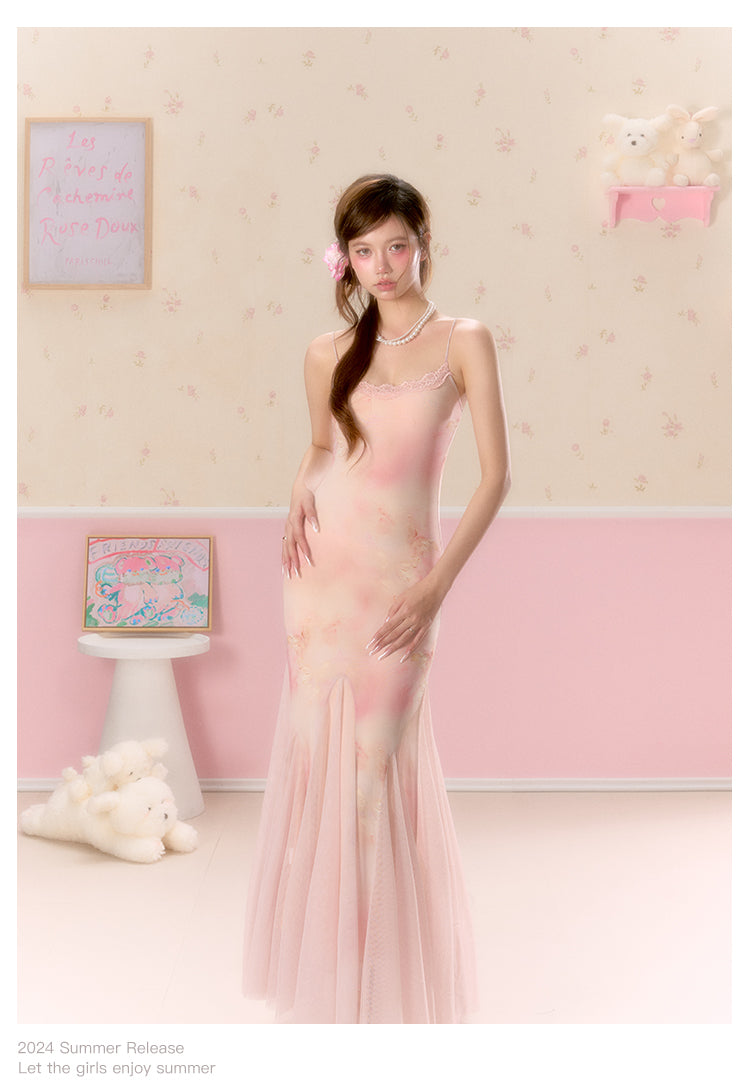 Butterfly Print Tulle-Hem Cami Dress