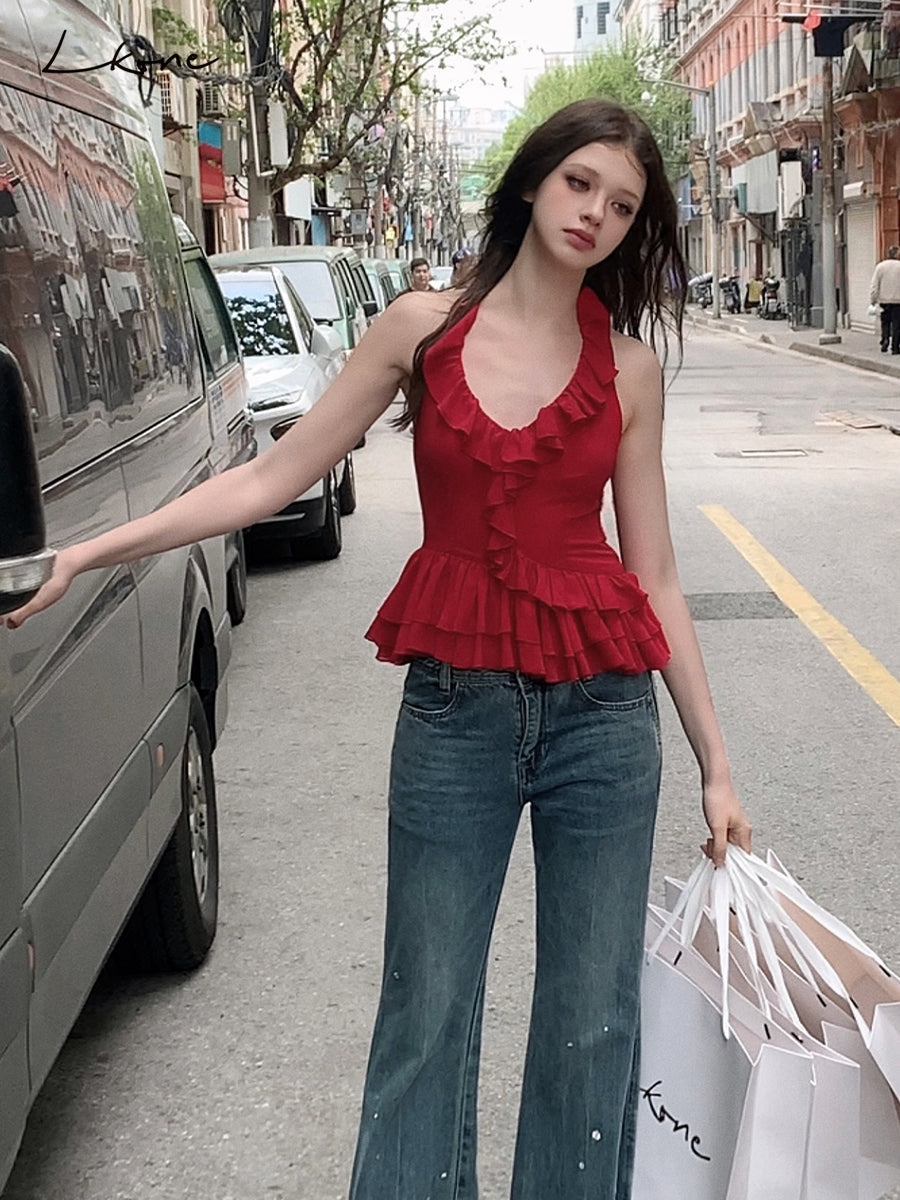 Ruffled Backless Halter Top