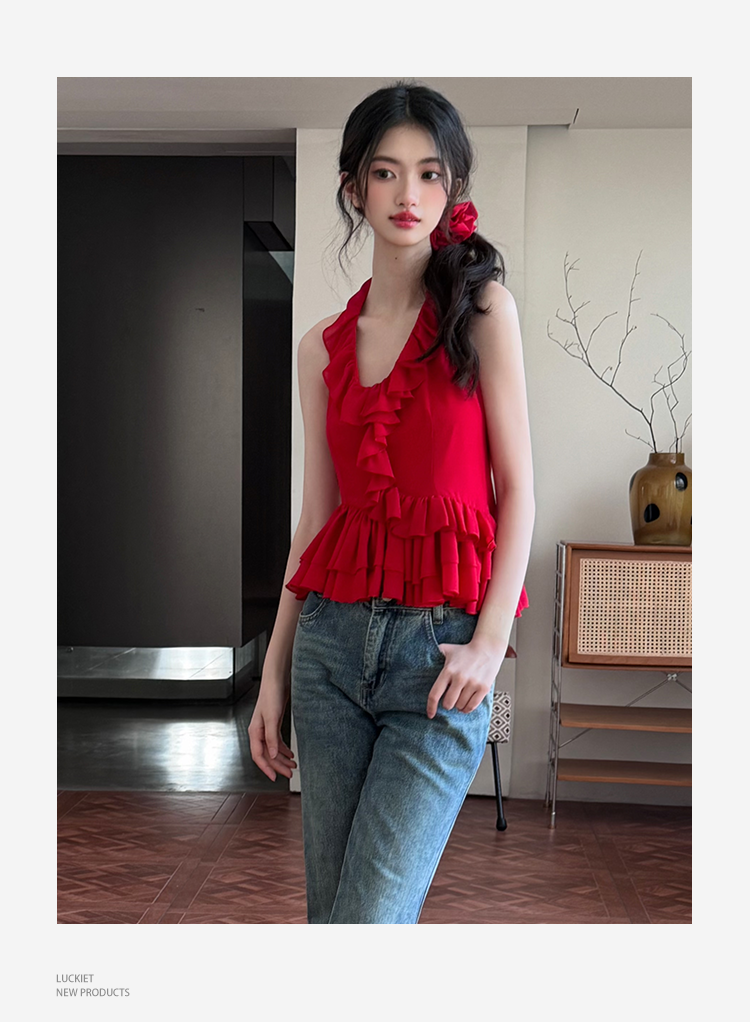 Ruffled Backless Halter Top