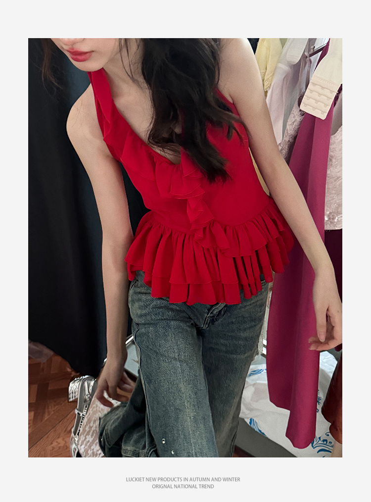 Ruffled Backless Halter Top