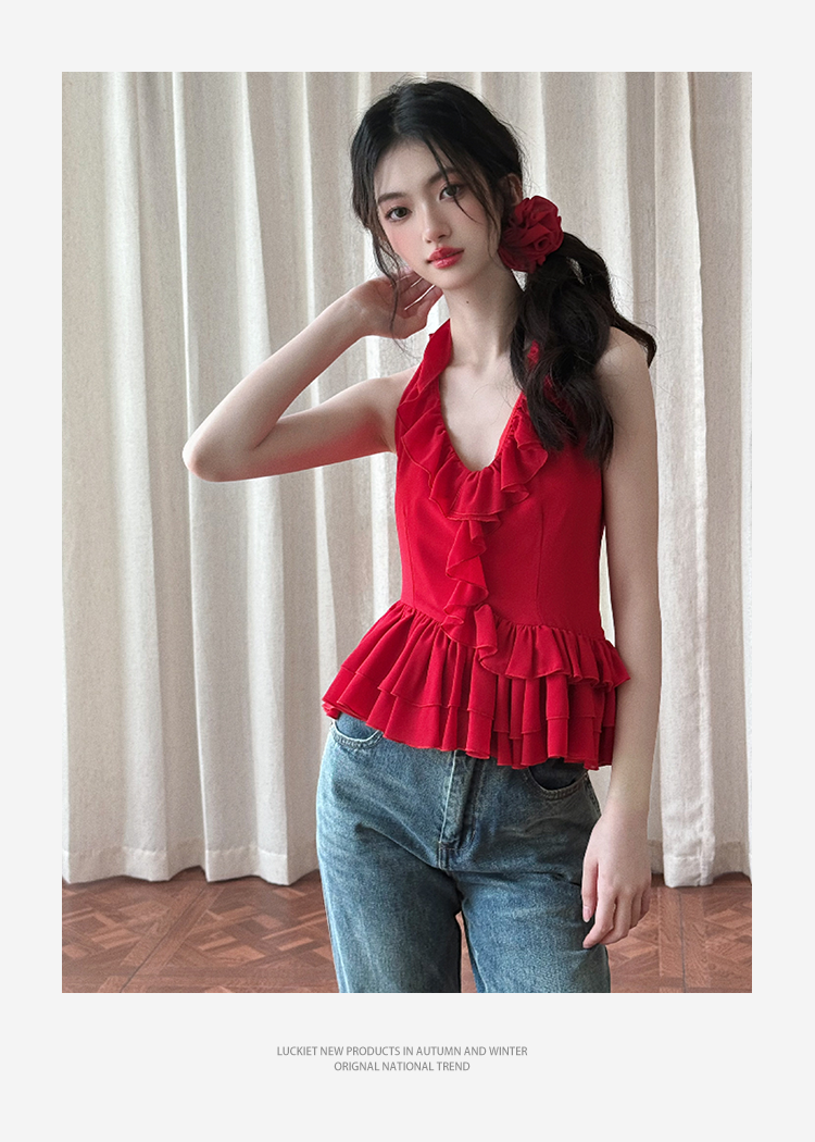 Ruffled Backless Halter Top
