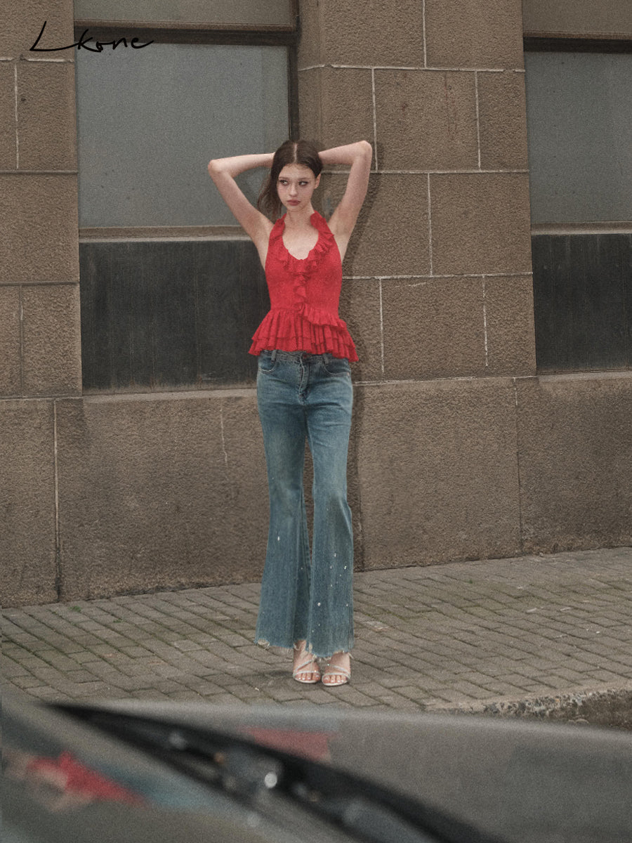 Ruffled Backless Halter Top