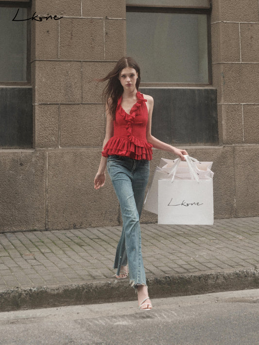 Ruffled Backless Halter Top