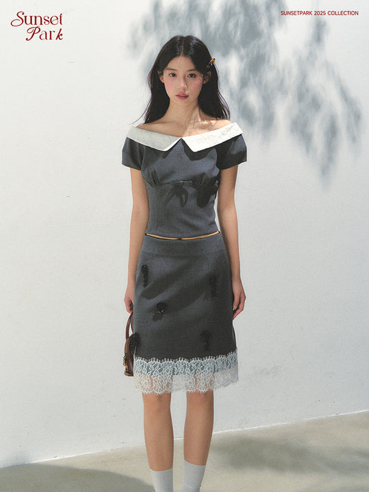 Wide-Neck Top And Lace-Trimmed Beaded Skirt