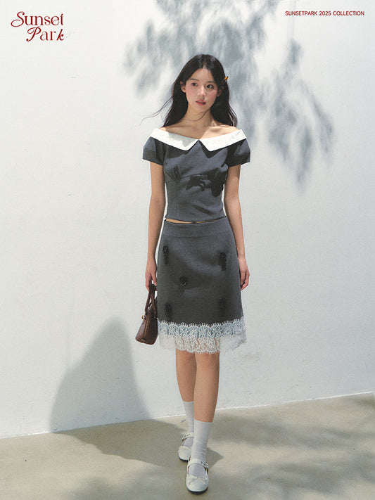 Wide-Neck Top And Lace-Trimmed Beaded Skirt