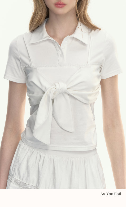 Faux-Layered Polo Top With Bow-Knot Camisole