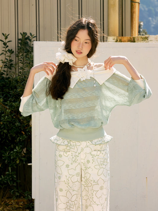 Off-Shoulder Lace Knit Top With Foldover Collar