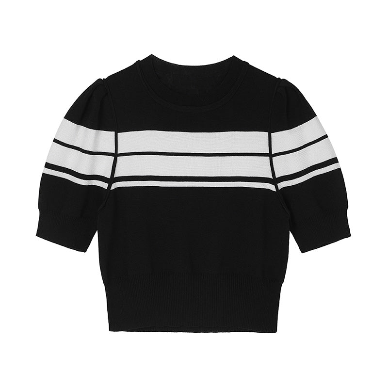 Striped Puff Sleeve Knit Ice Silk Top