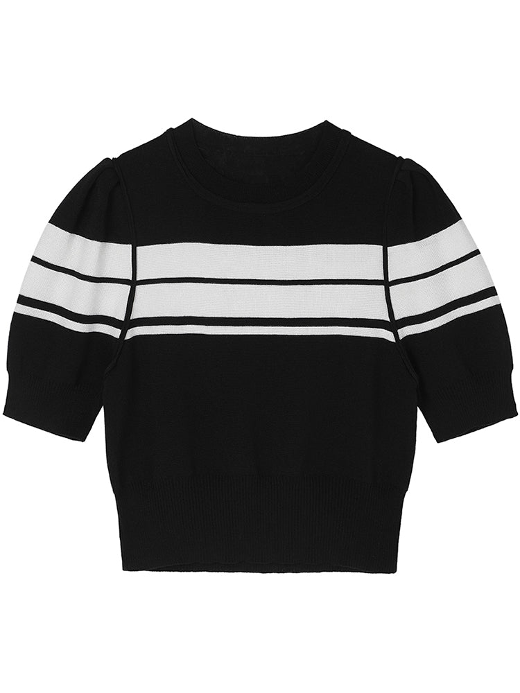 Striped Puff Sleeve Knit Ice Silk Top