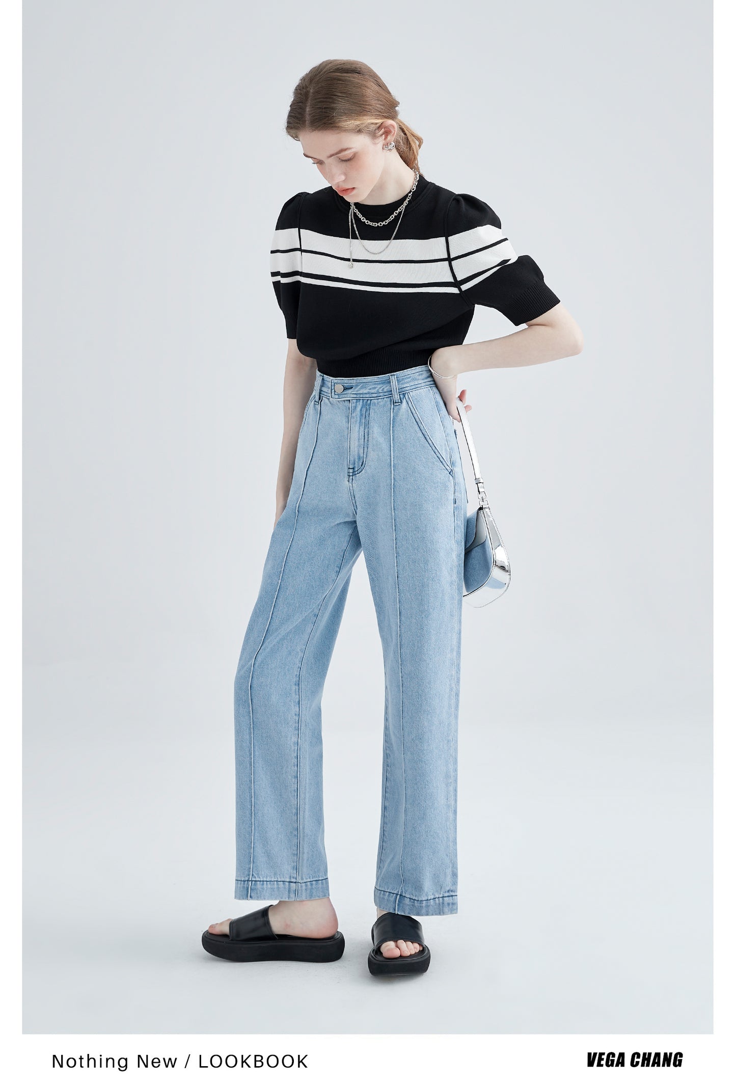 Striped Puff Sleeve Knit Ice Silk Top