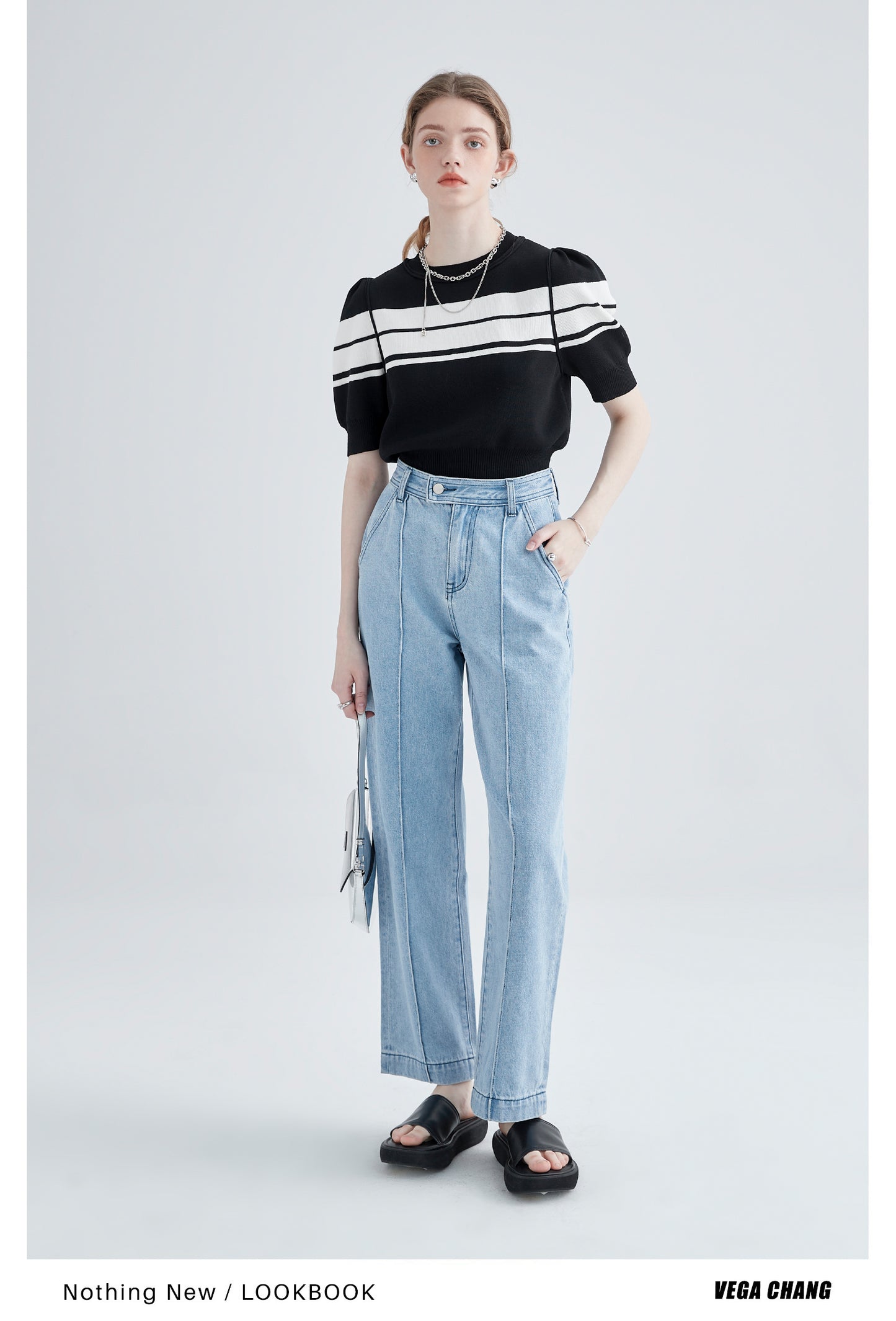 Striped Puff Sleeve Knit Ice Silk Top