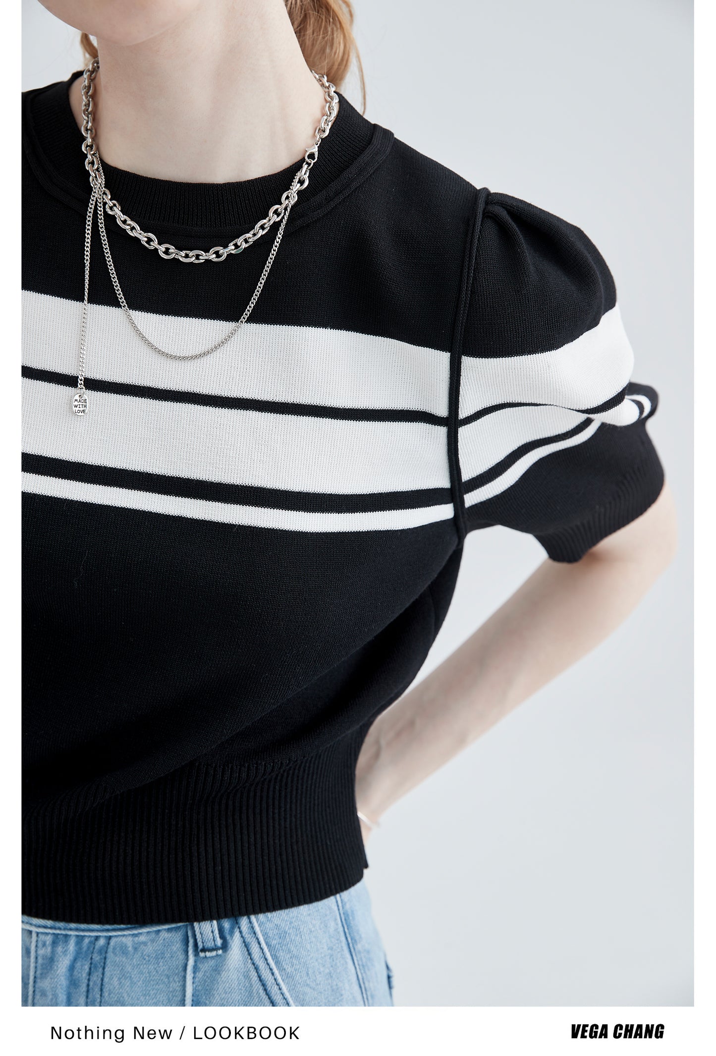 Striped Puff Sleeve Knit Ice Silk Top