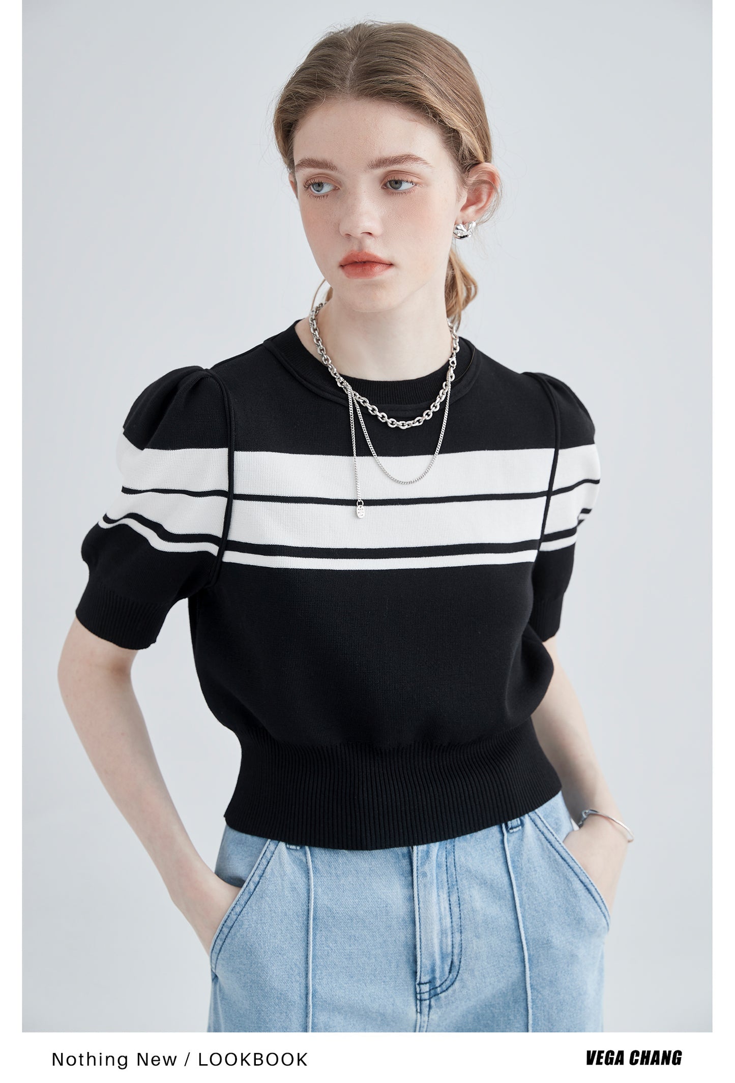 Striped Puff Sleeve Knit Ice Silk Top