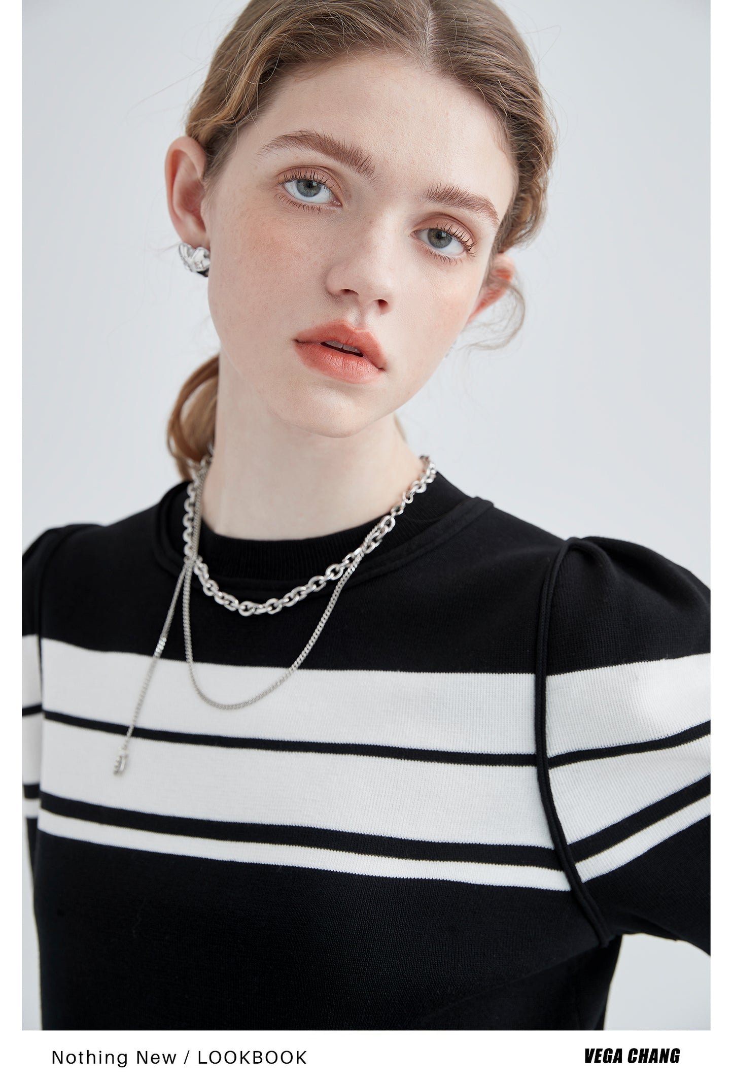 Striped Puff Sleeve Knit Ice Silk Top