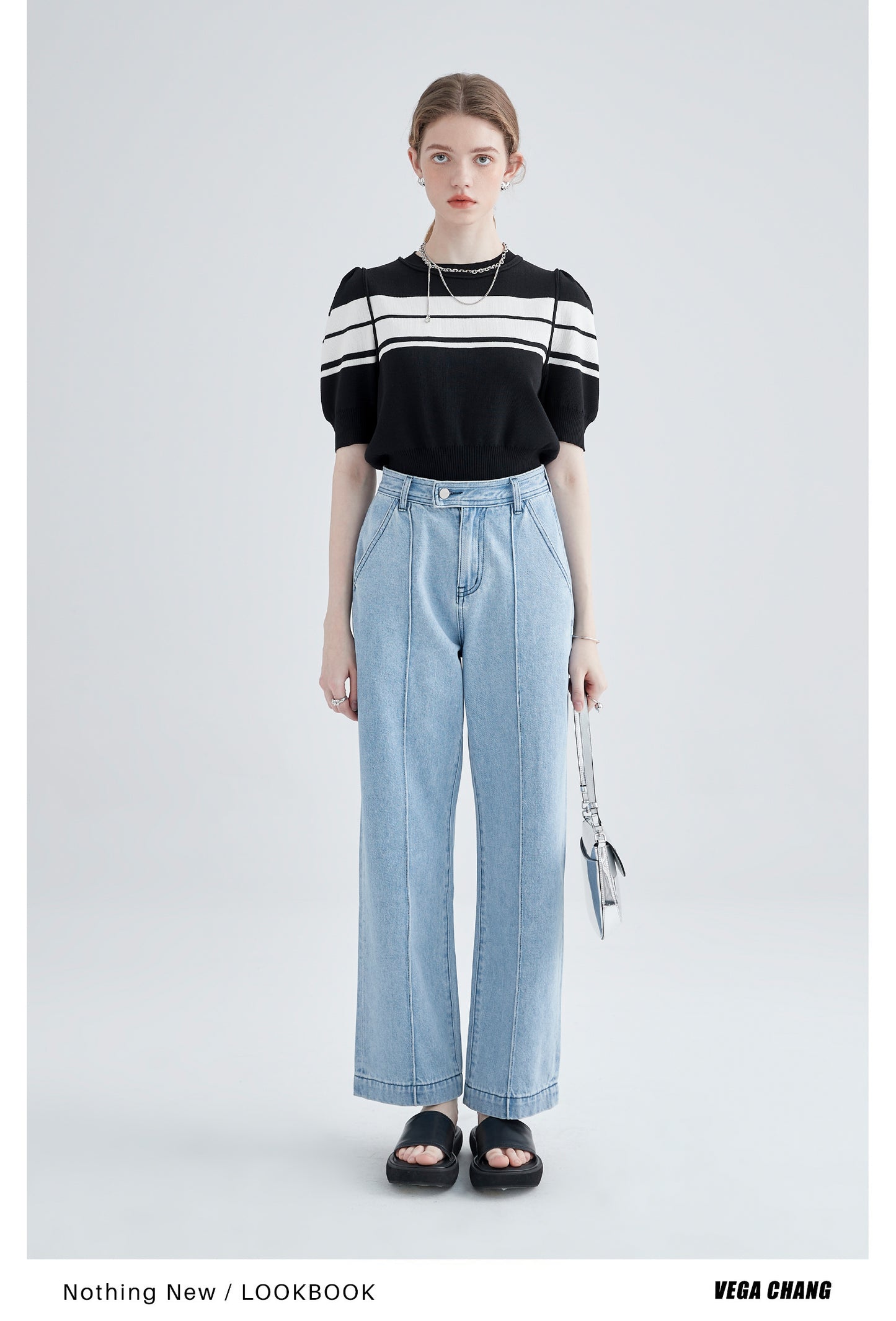 Striped Puff Sleeve Knit Ice Silk Top