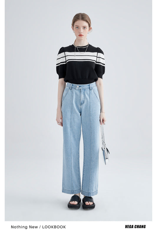 Striped Puff Sleeve Knit Ice Silk Top