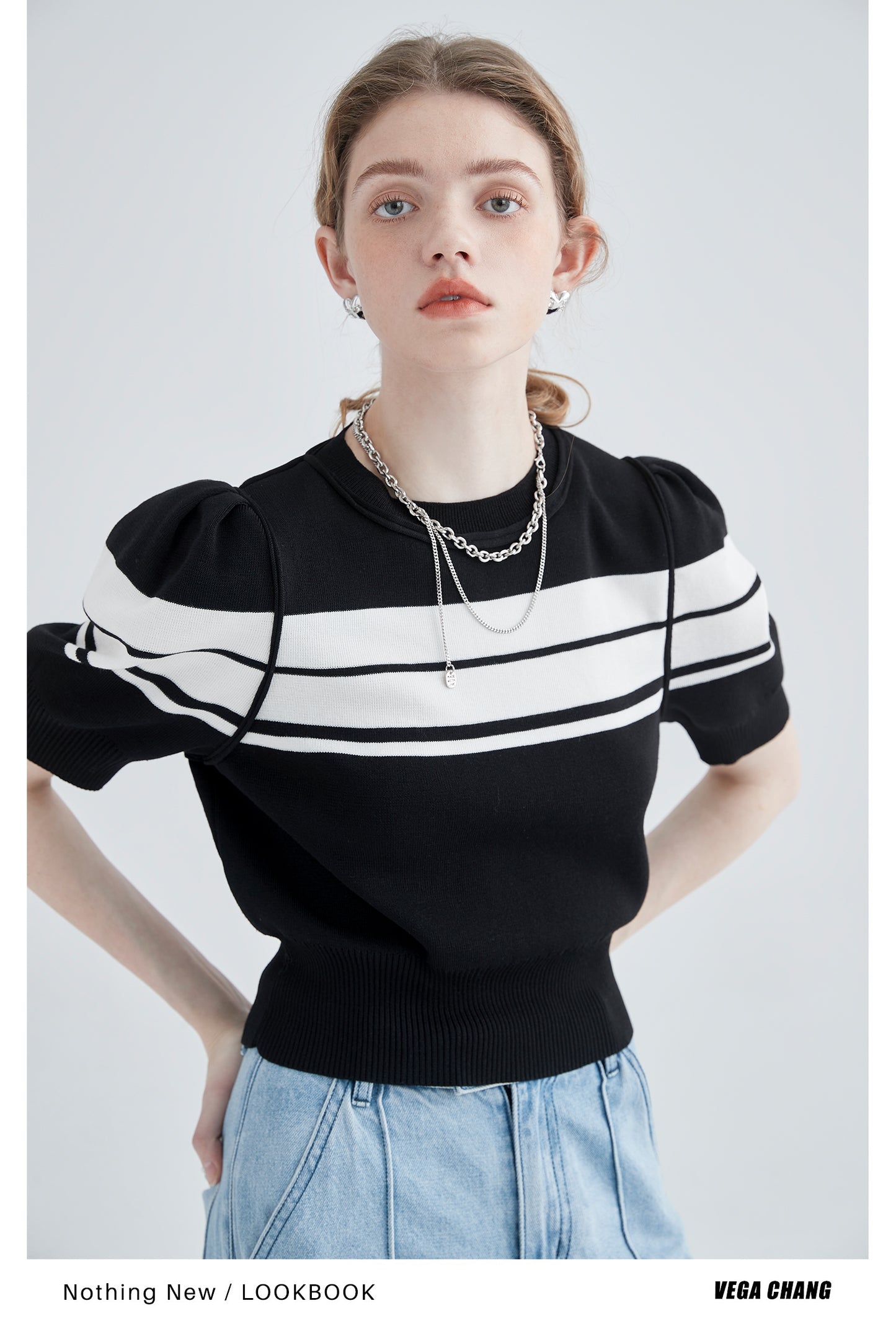 Striped Puff Sleeve Knit Ice Silk Top