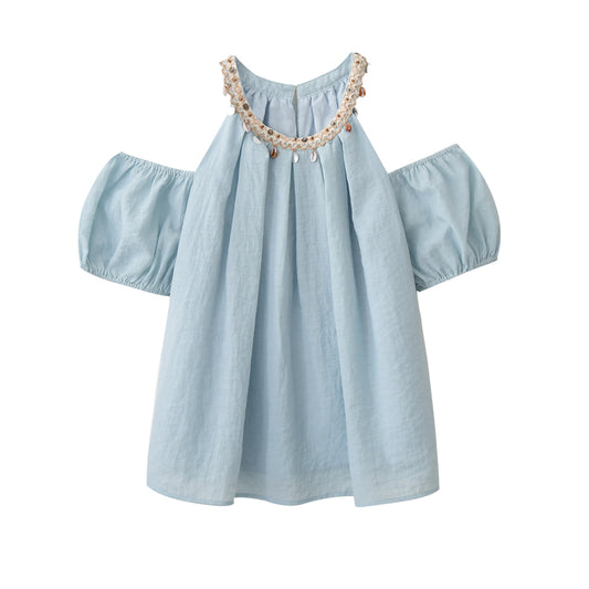 Cold-Shoulder Blouse With Beaded Neckline