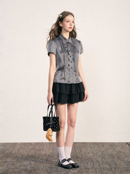 Elegant Satin Pintuck Blouse With Frill Collar