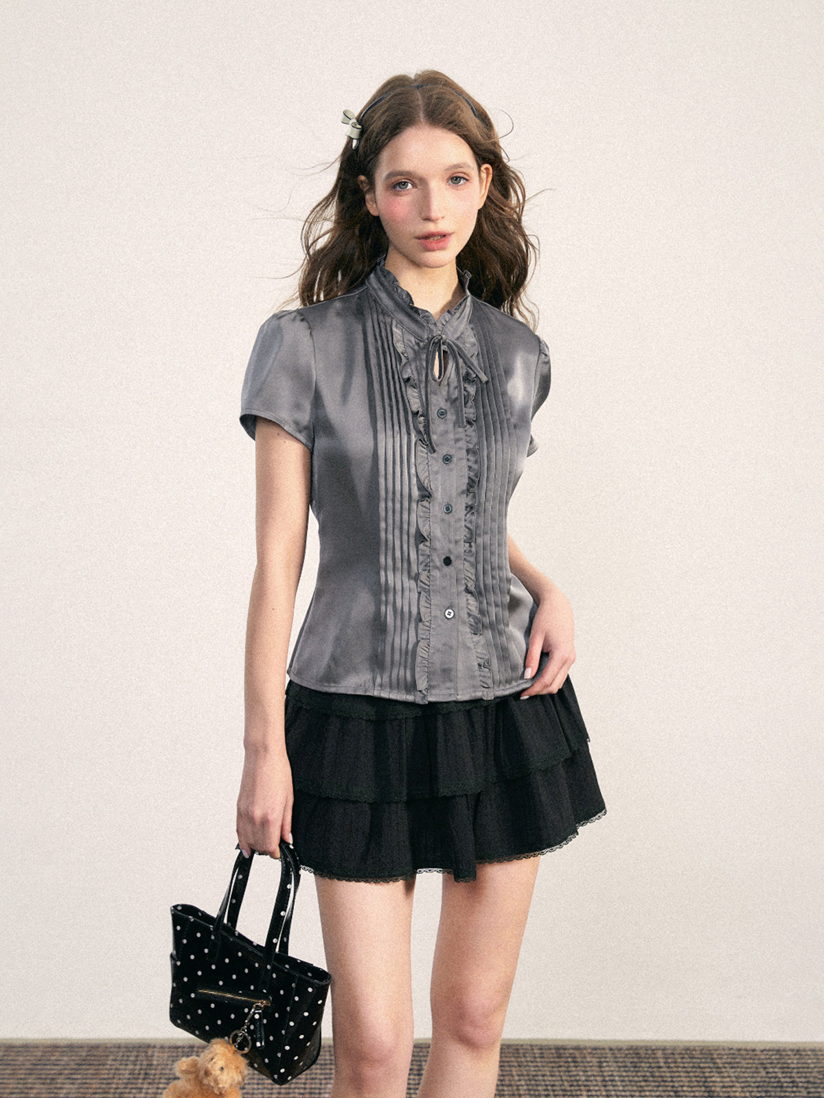 Elegant Satin Pintuck Blouse With Frill Collar