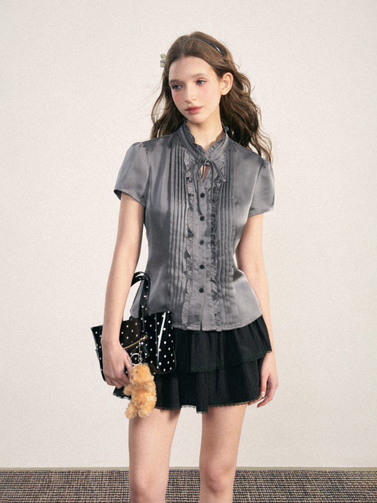 Elegant Satin Pintuck Blouse With Frill Collar