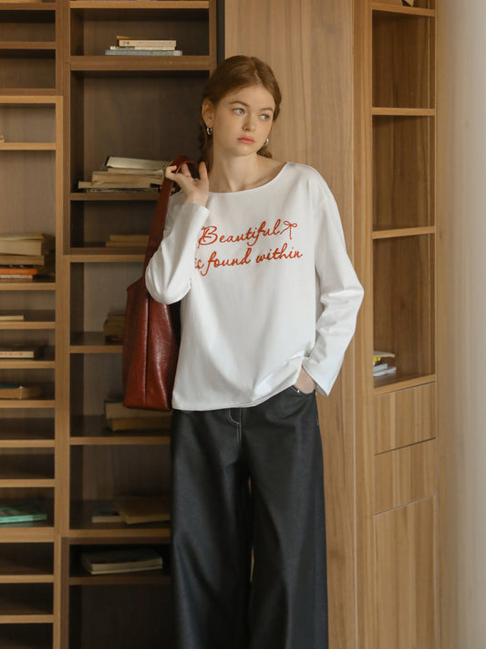 Wide Neck T-Shirt With Letter Embroidery