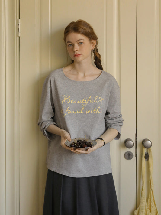 Wide Neck T-Shirt With Letter Embroidery
