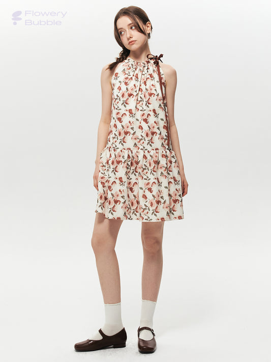 Sleeveless Textured Floral Dress With Gathered Neck