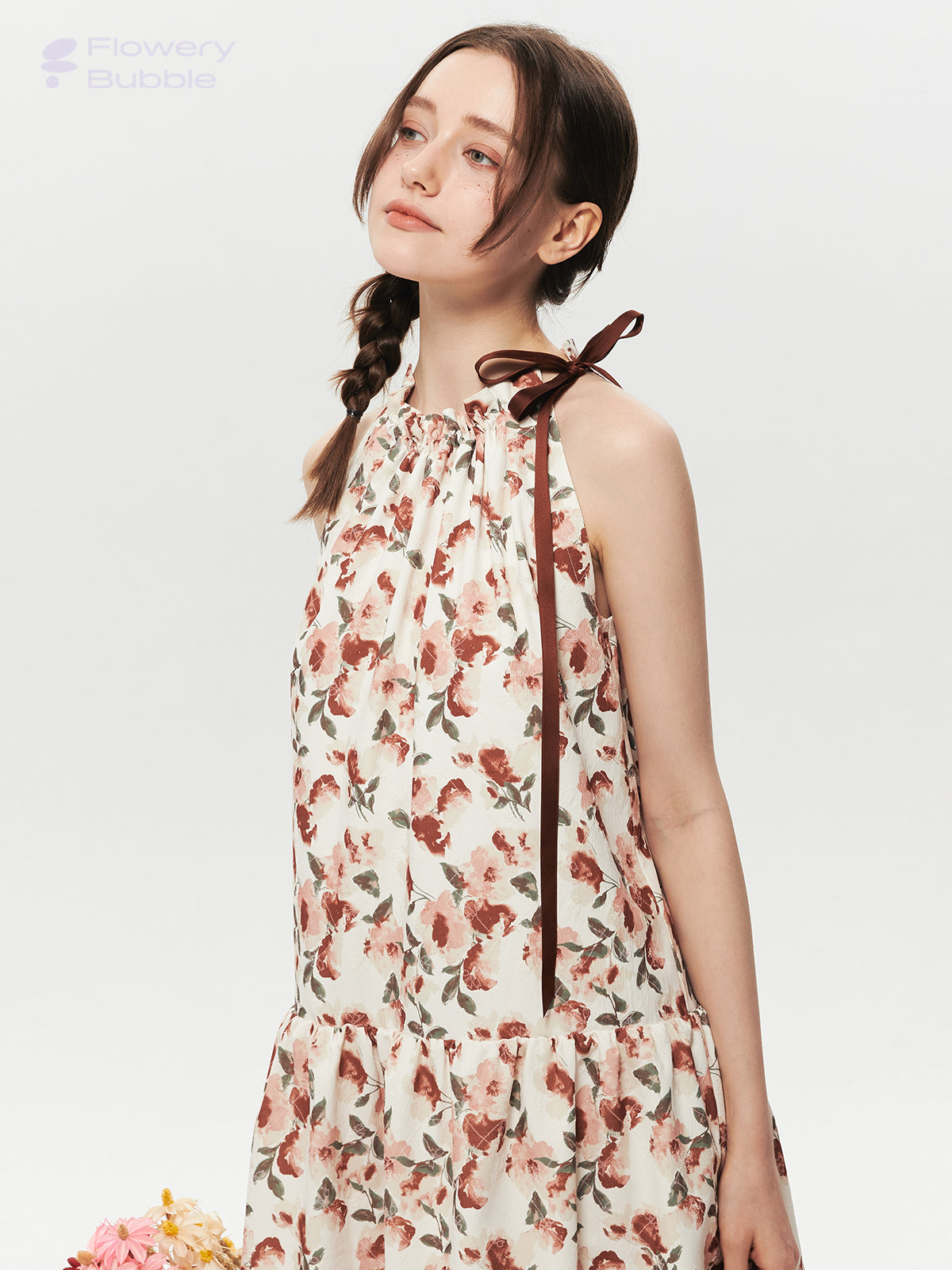 Sleeveless Textured Floral Dress With Gathered Neck