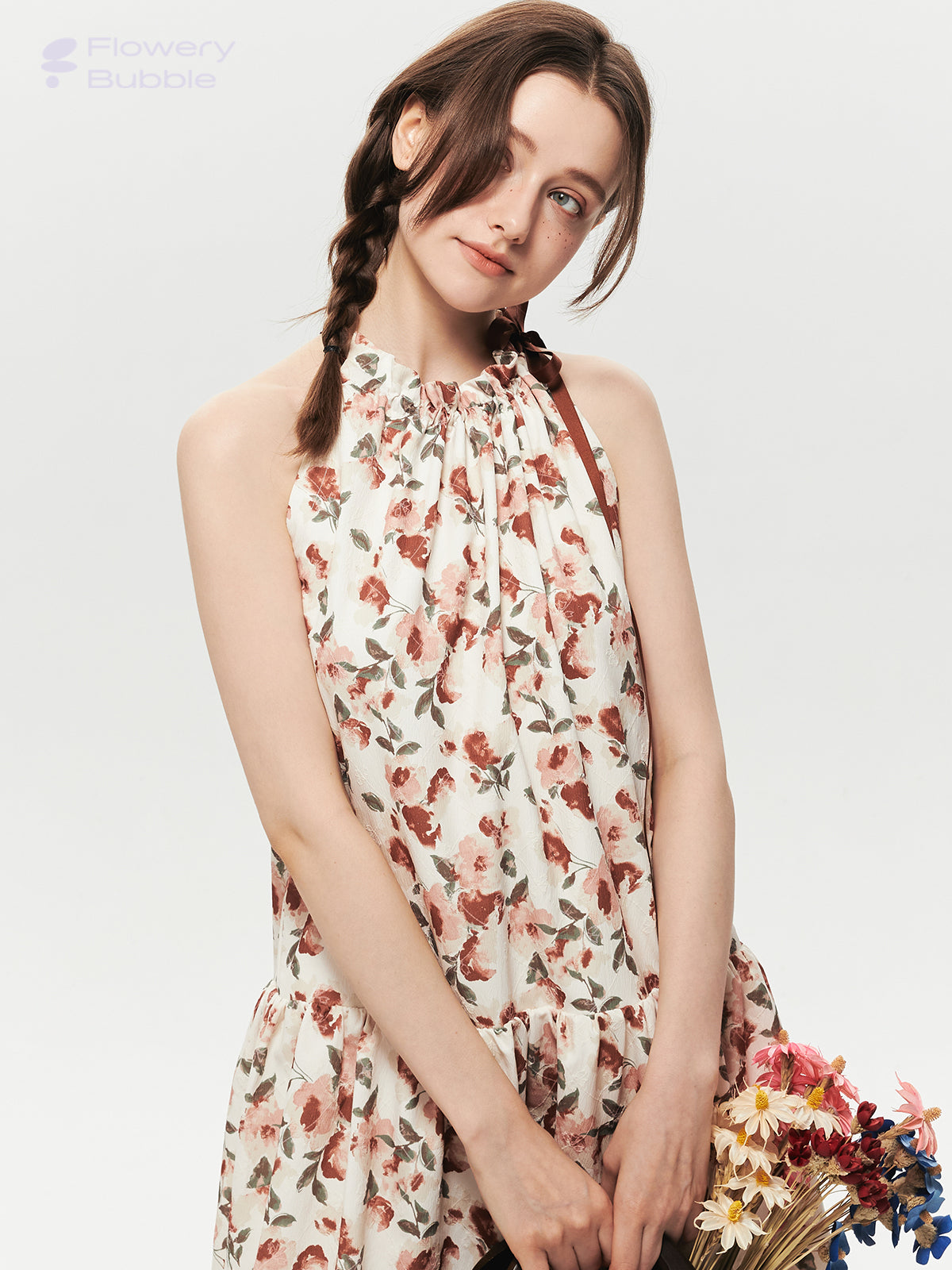 Sleeveless Textured Floral Dress With Gathered Neck