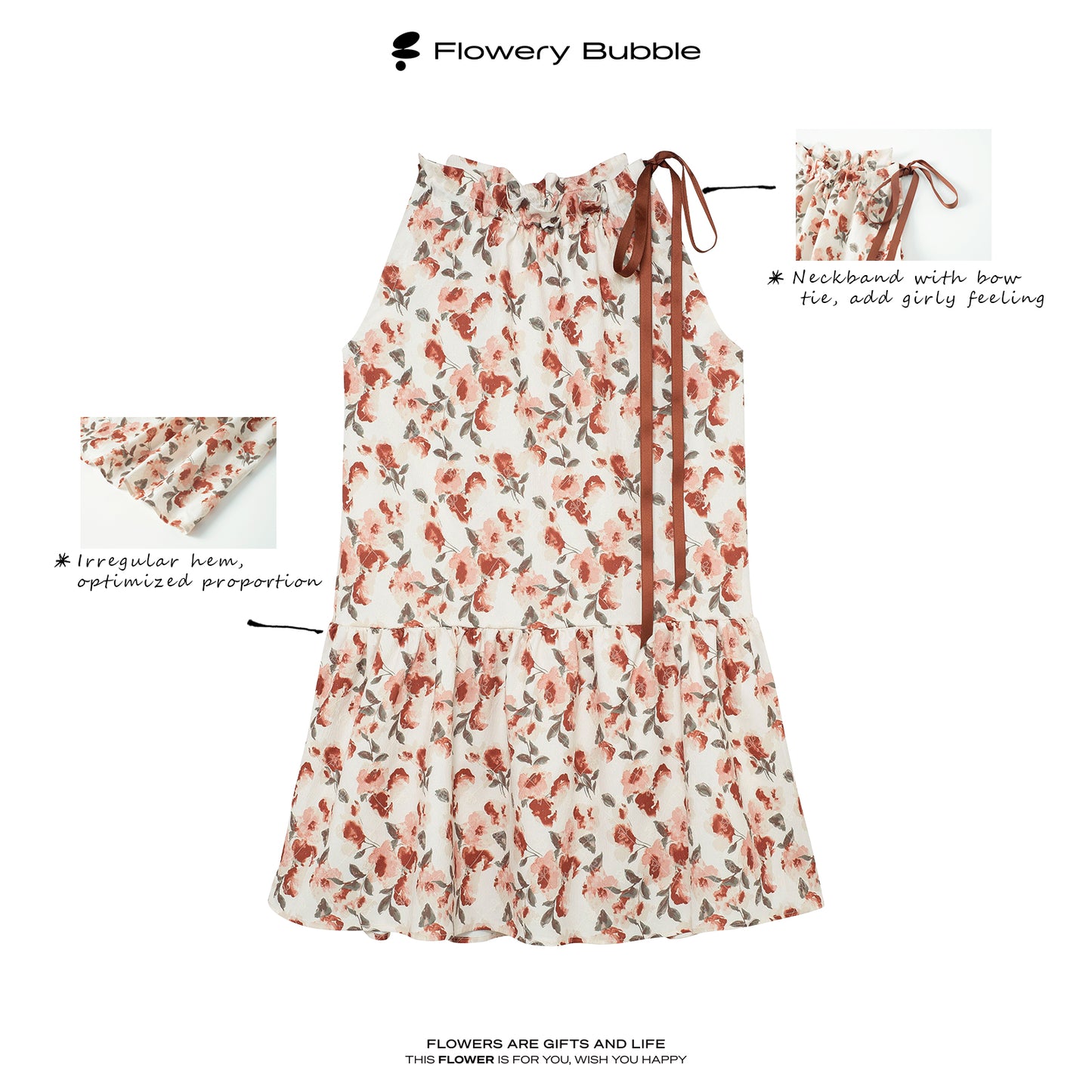 Sleeveless Textured Floral Dress With Gathered Neck