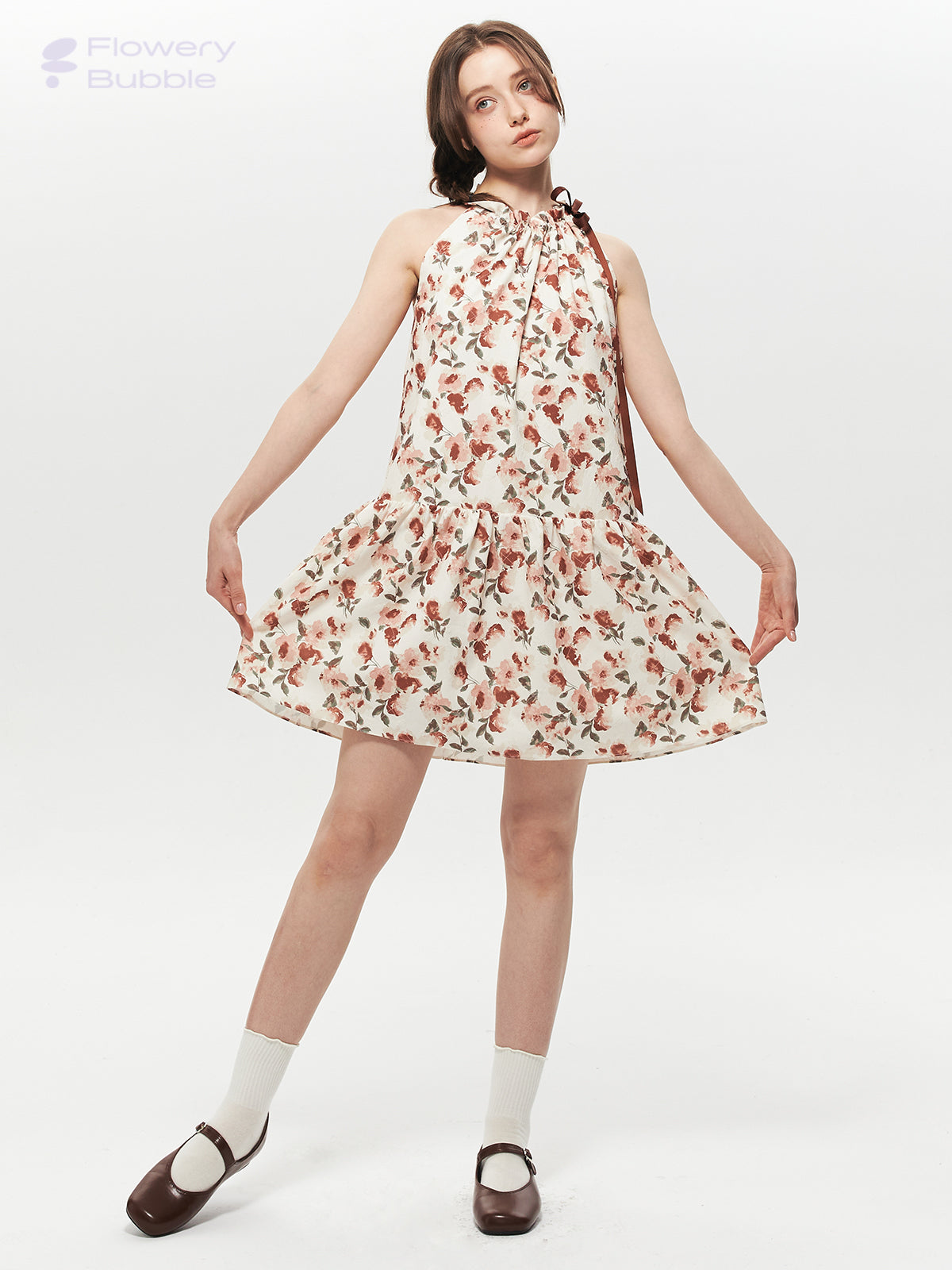 Sleeveless Textured Floral Dress With Gathered Neck