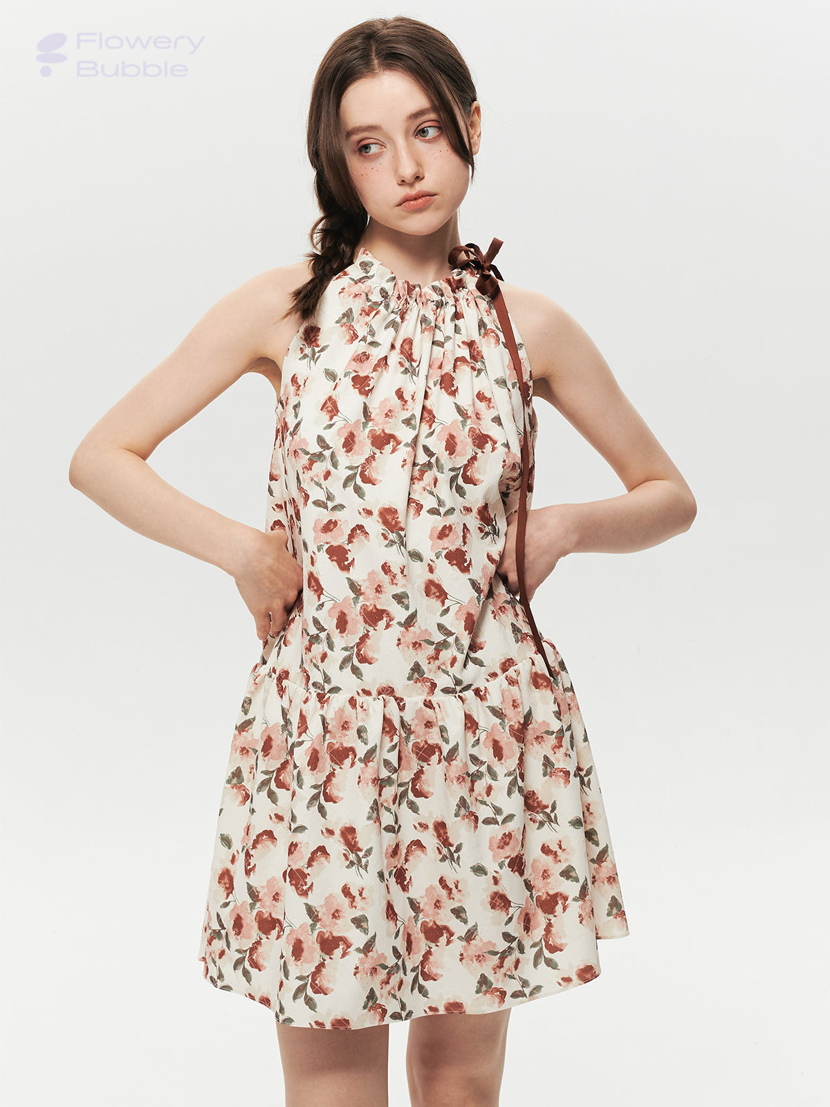 Sleeveless Textured Floral Dress With Gathered Neck