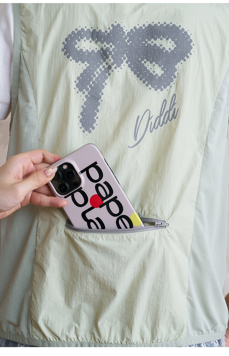 Nylon Zip-Up Utility Vest With Bow Print