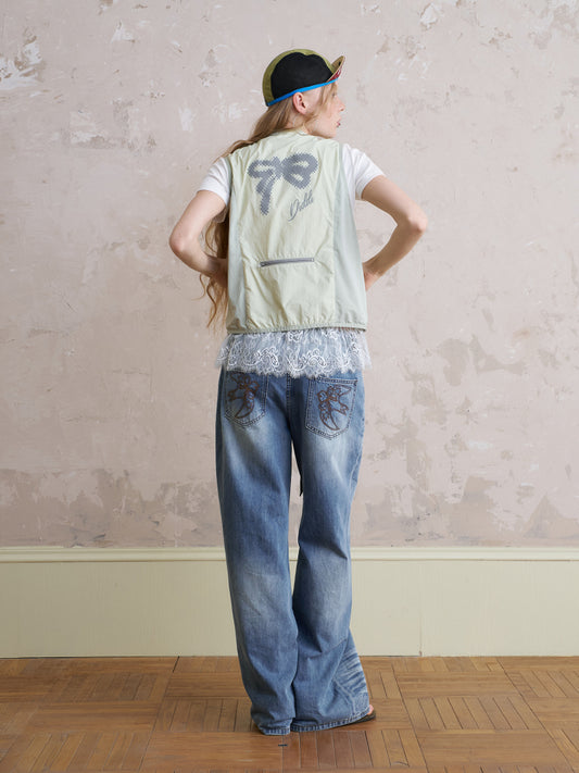 Nylon Zip-Up Utility Vest With Bow Print