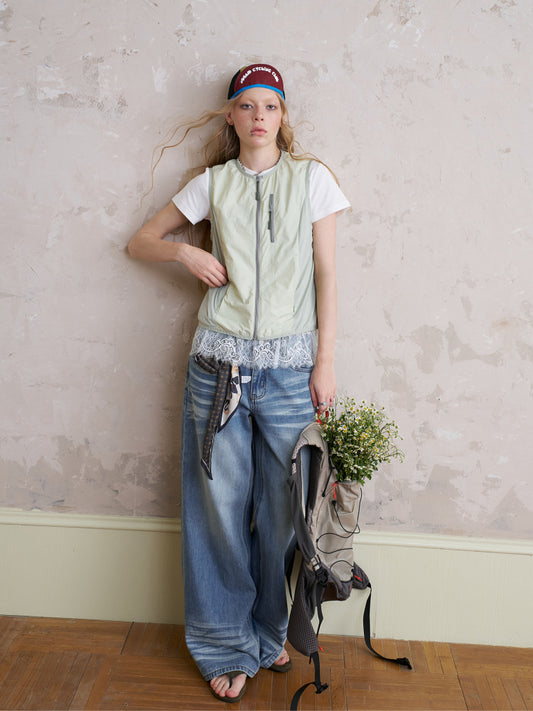 Nylon Zip-Up Utility Vest With Bow Print