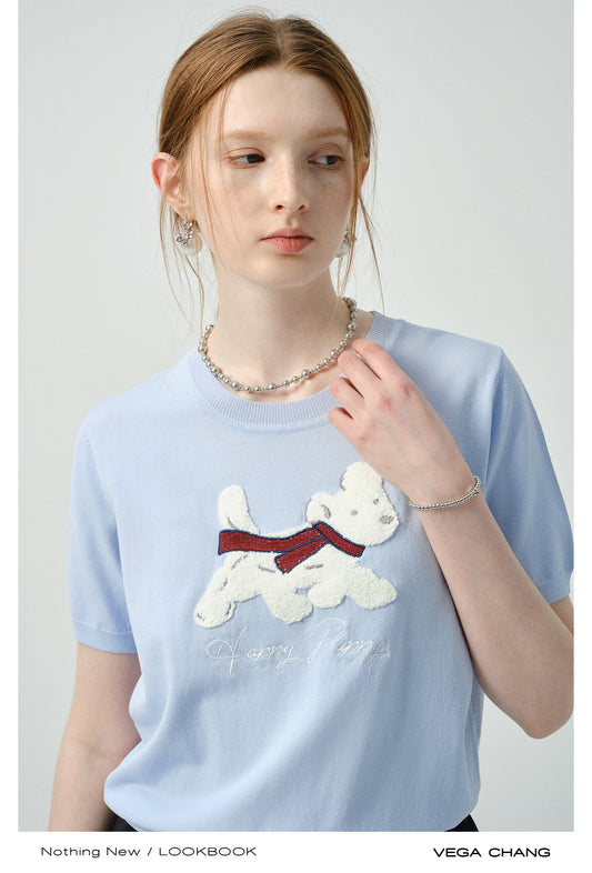 Knit T-Shirt With Plush Puppy Appliqué