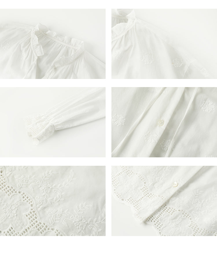 Embroidered Cotton Blouse With Ruffled Tie Neck