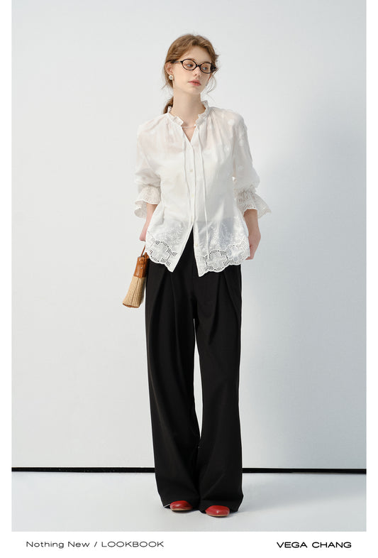 Embroidered Cotton Blouse With Ruffled Tie Neck
