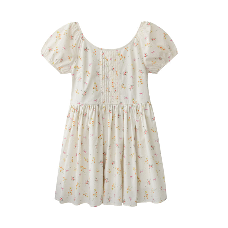 Floral Bow Pattern Pintuck Dress With Back Tie