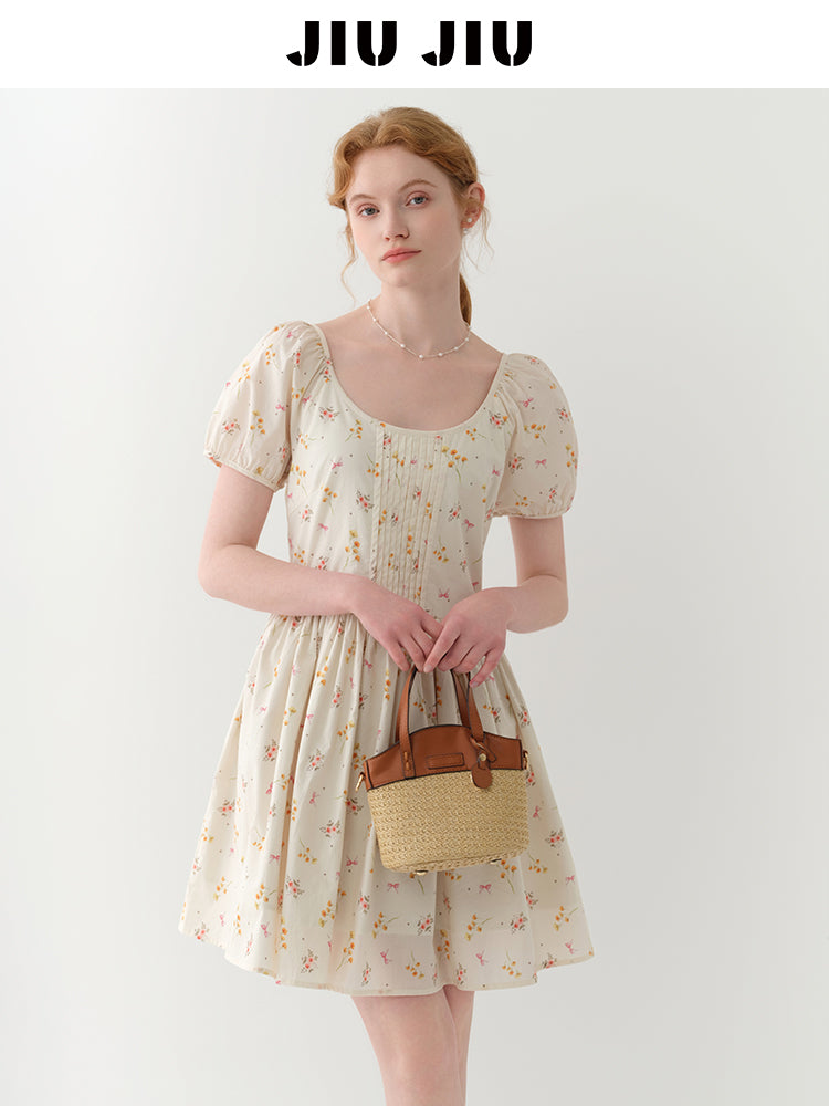 Floral Bow Pattern Pintuck Dress With Back Tie