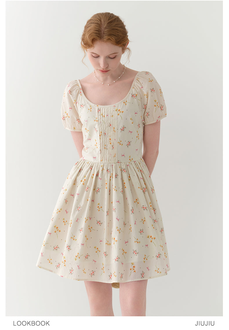 Floral Bow Pattern Pintuck Dress With Back Tie