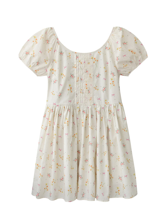 Floral Bow Pattern Pintuck Dress With Back Tie