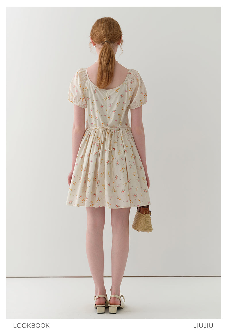 Floral Bow Pattern Pintuck Dress With Back Tie