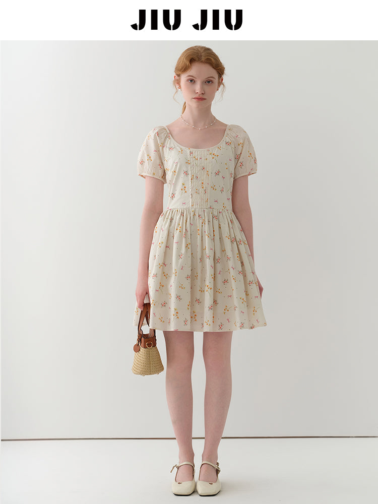 Floral Bow Pattern Pintuck Dress With Back Tie