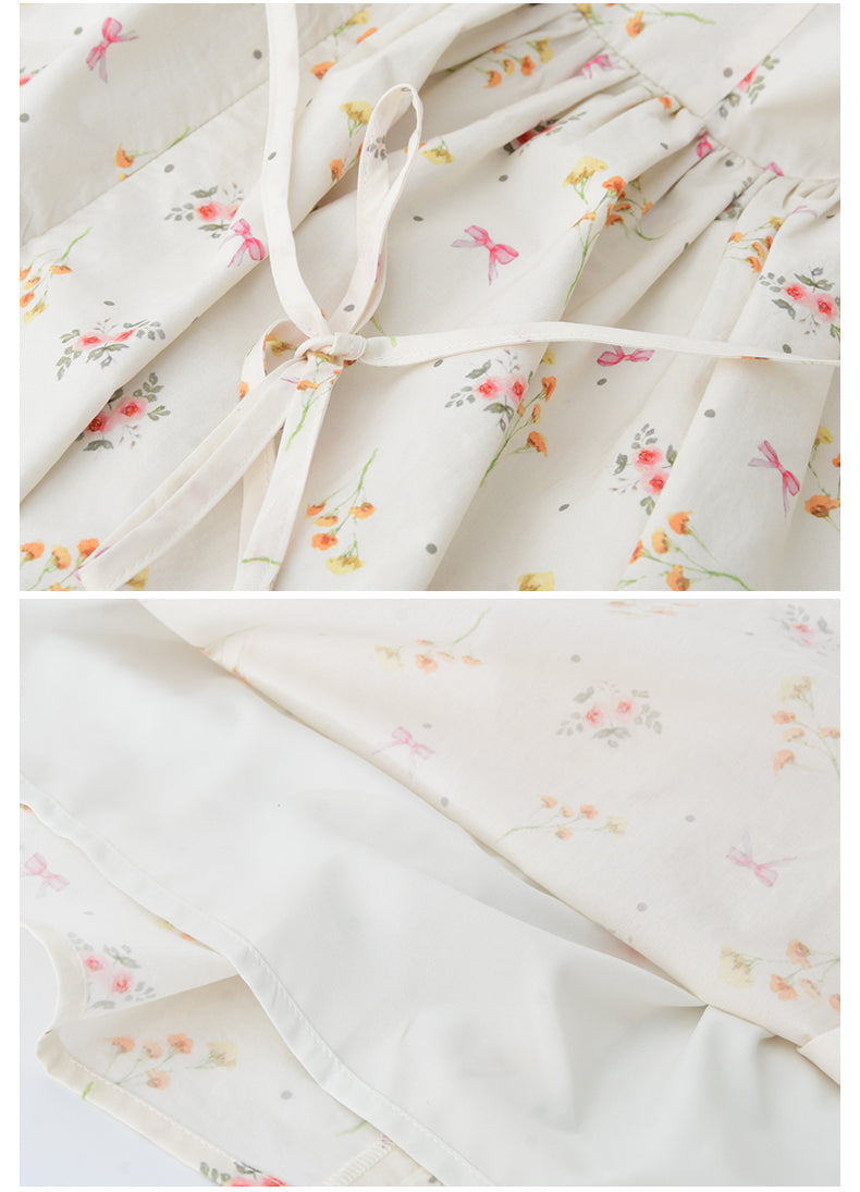 Floral Bow Pattern Pintuck Dress With Back Tie