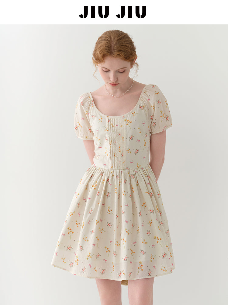 Floral Bow Pattern Pintuck Dress With Back Tie